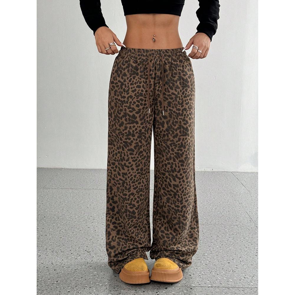 New Spring and Autumn Leopard Print Straight-line Casual Pants for Women with High Waist Loose Wide-leg Trousers