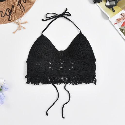 

Neck small vest with chest pad, sling inside, shoulder-spilled backrest, hollow tube top, embroidered vest, women s summer short top One size fits all чёрный