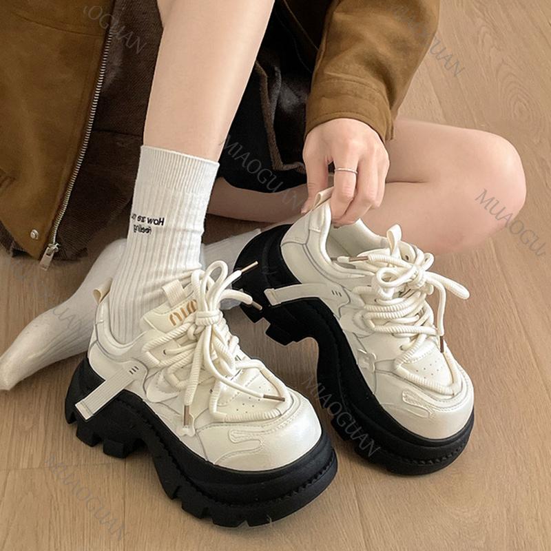 Height Increasing Platform Sneakers for Women Chunky Heel Lace Up Casual Shoes Women 2026 Spring Autumn Female Sports Tennis