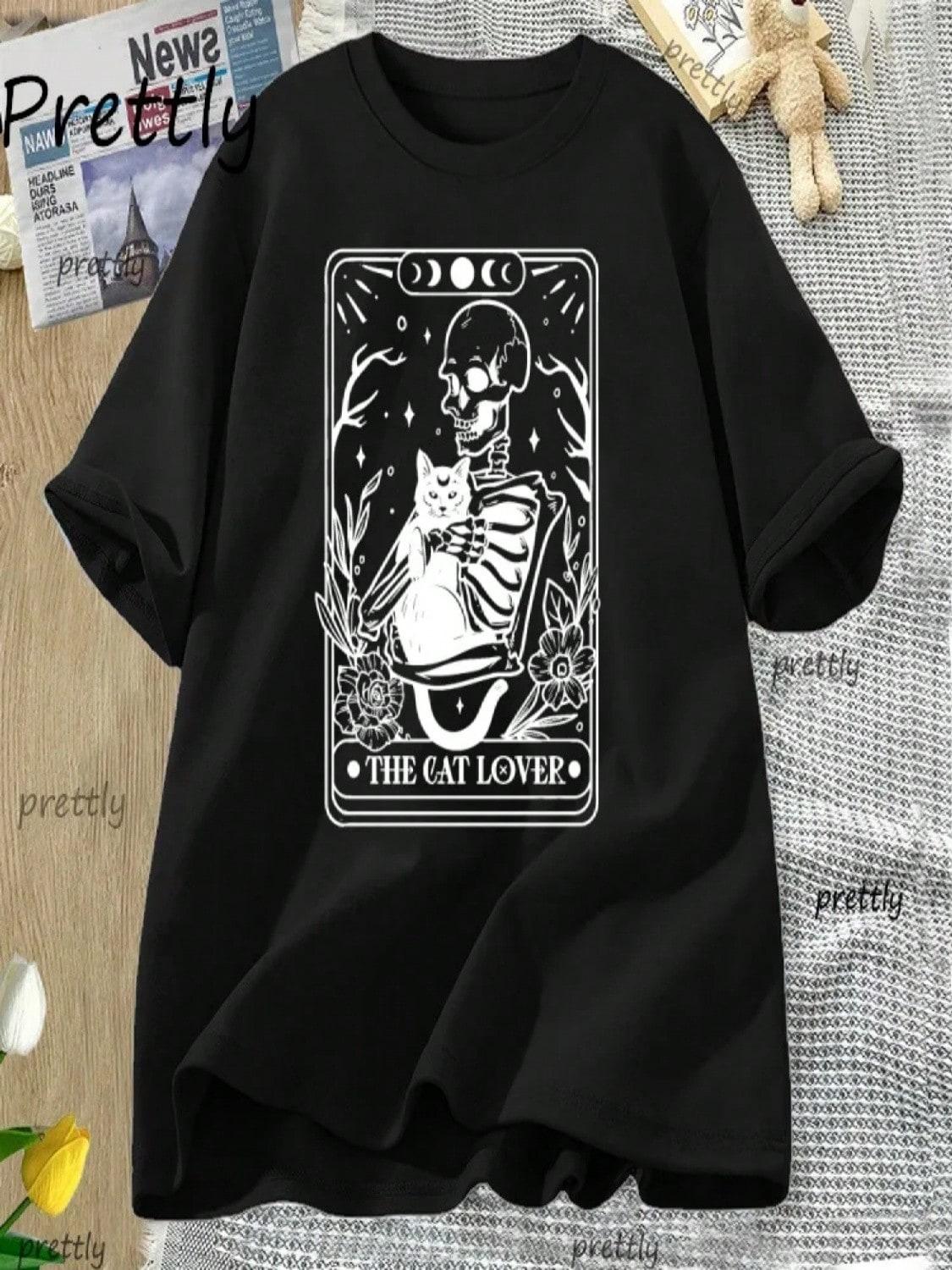 Cat Lover Tarot Card T-Shirt Women Funny Cat Tshirt Cat Lover Mom Oversized T Shirt Graphic Retro Tee Cotton Short Sleeve Tops S разноцветный