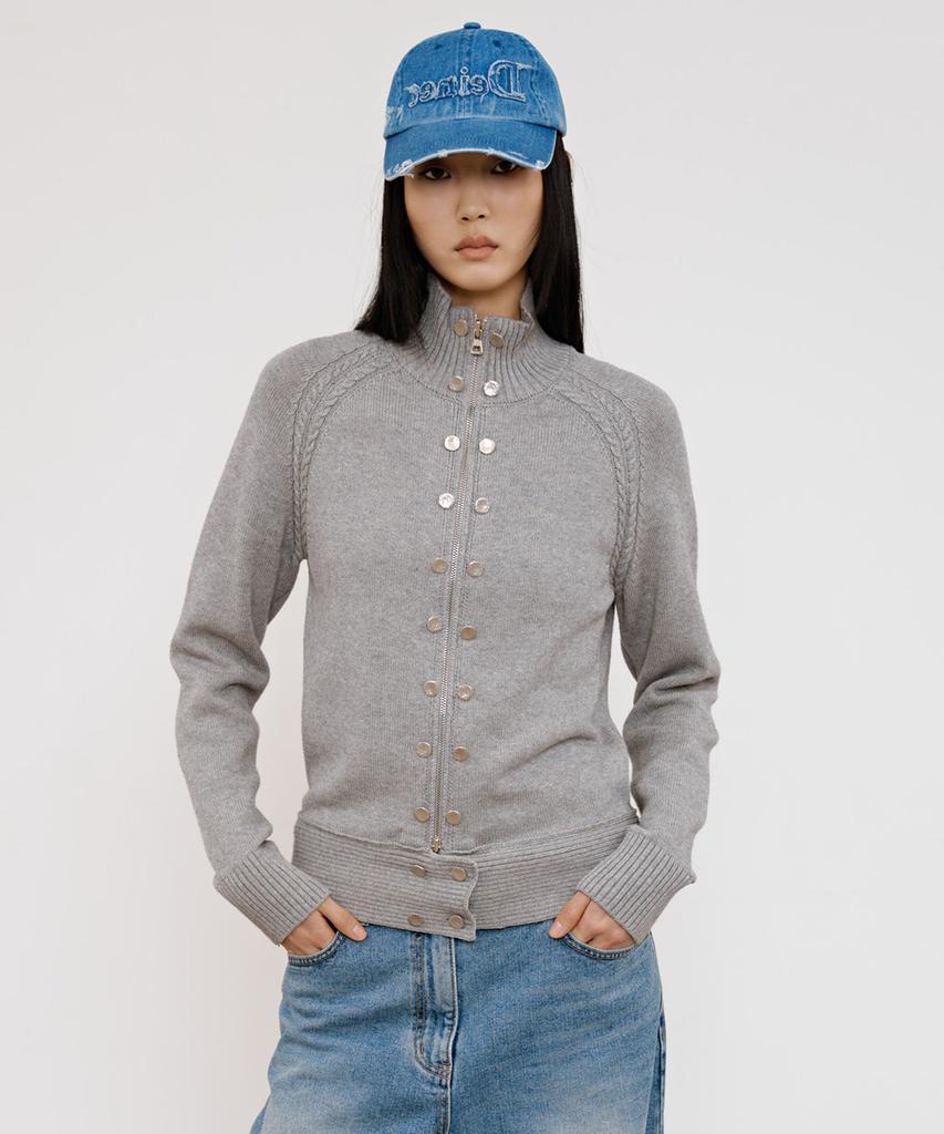 DEINET High-Neck Stud Knit Outer In Melange Gray