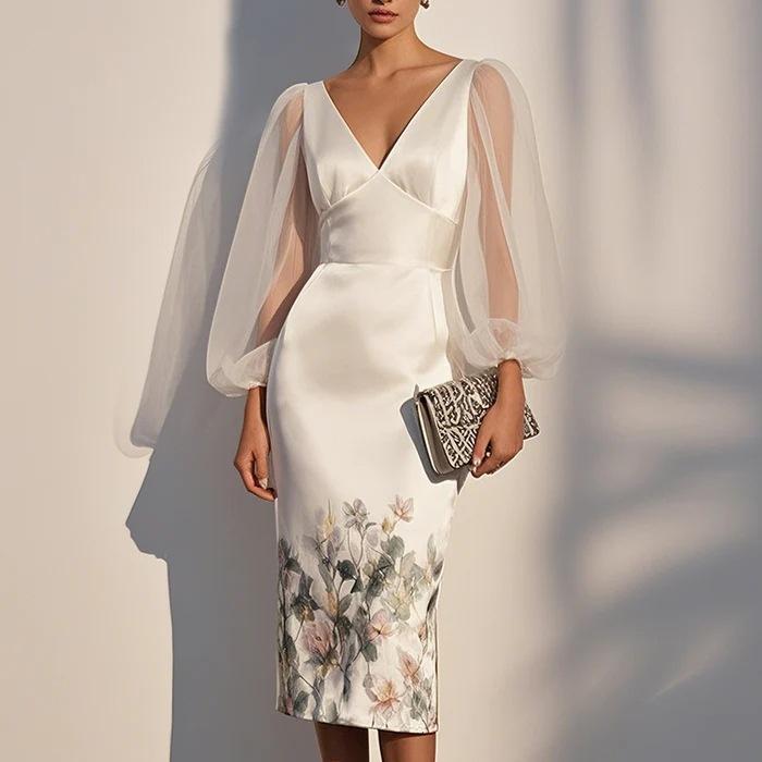 Women Floral Print Sleeveless Midi Dress Elegant V Neck Formal Party Evening Dress S белый