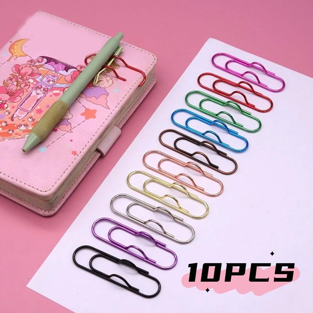10pcs Colorful Paper Clips Document Clips Bookmarks Stationery Pen Holder  Metal