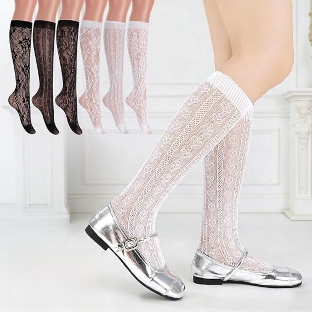 Hollow Lolita Socks Floral Printed Mesh Stockings Cute Calf Long Socks Pair with Skirts