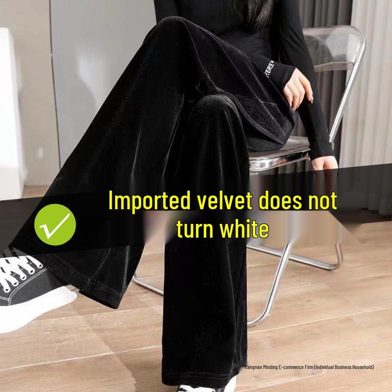 Women's High-Waist Gold Velvet Wide-Leg Pants - Spring/Autumn 2024 Collection, Plus Size, Draping Straight-Leg Trousers