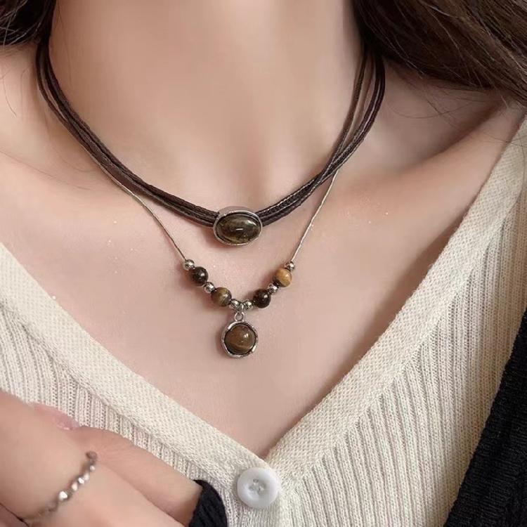 Women Adjustable Leather Necklace Highlighting Tigers Eye Stone Unique Fashion Accessory Suitable for Everyday Wear