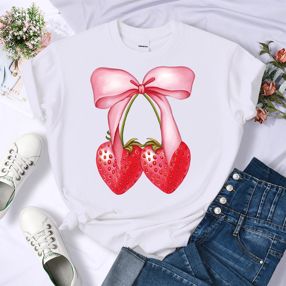 Summer Pink Bow Strawberry Design Pattern 3D Printed T-Shirts Women Crewneck Casual Multicolor Tee Tops Summer Soft Short Sleeve