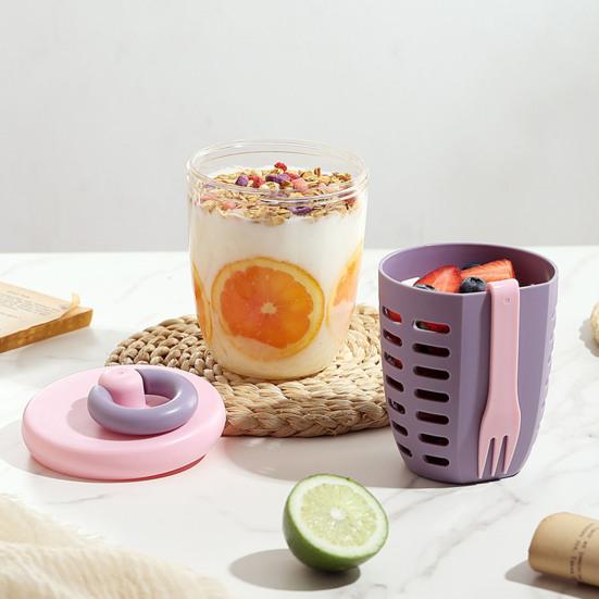 Portable Fruit Salad Container with Fork 650ml Leak-Proof BPA-Free Lunch Box with Strainer Double-Layer Lunchbox for Work Picnic Travel