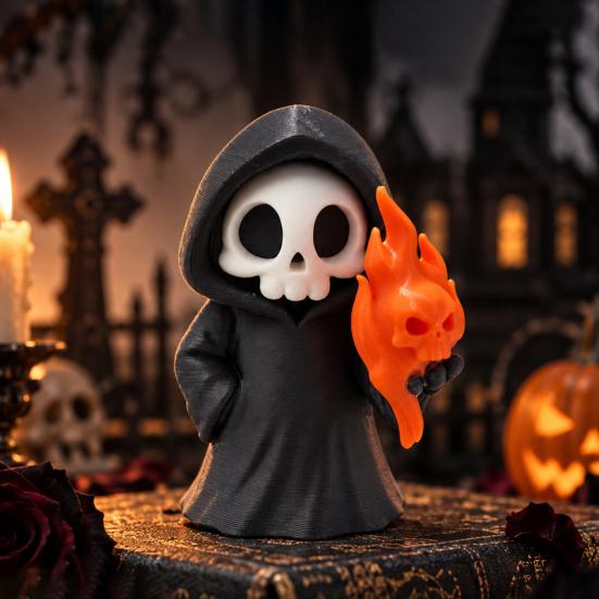 Decorative Figurine for Kids Cute Grim Reaper Halloween Figurine, 3D Printed Spooky Little Desk Decor Statue with Flame Skull, Desktop Ornament,