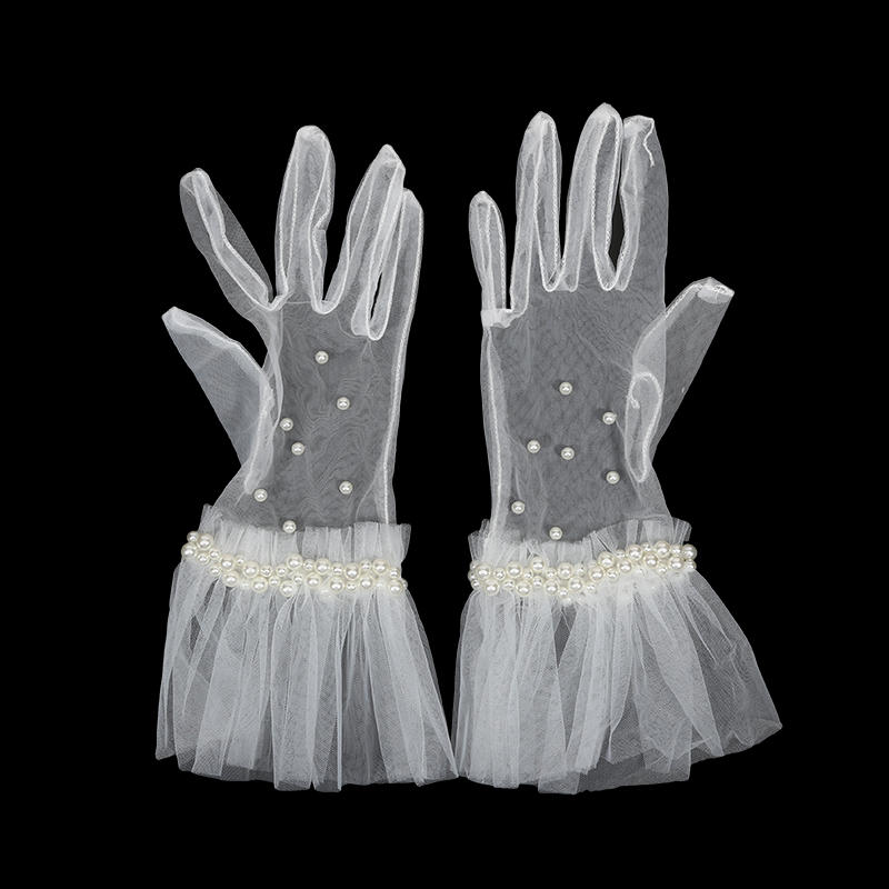 Women Elegant Pleated Edge Pearl Wedding Gloves Bridal Short Tulle Sheer Gloves Proms Costume Occasion Gloves
