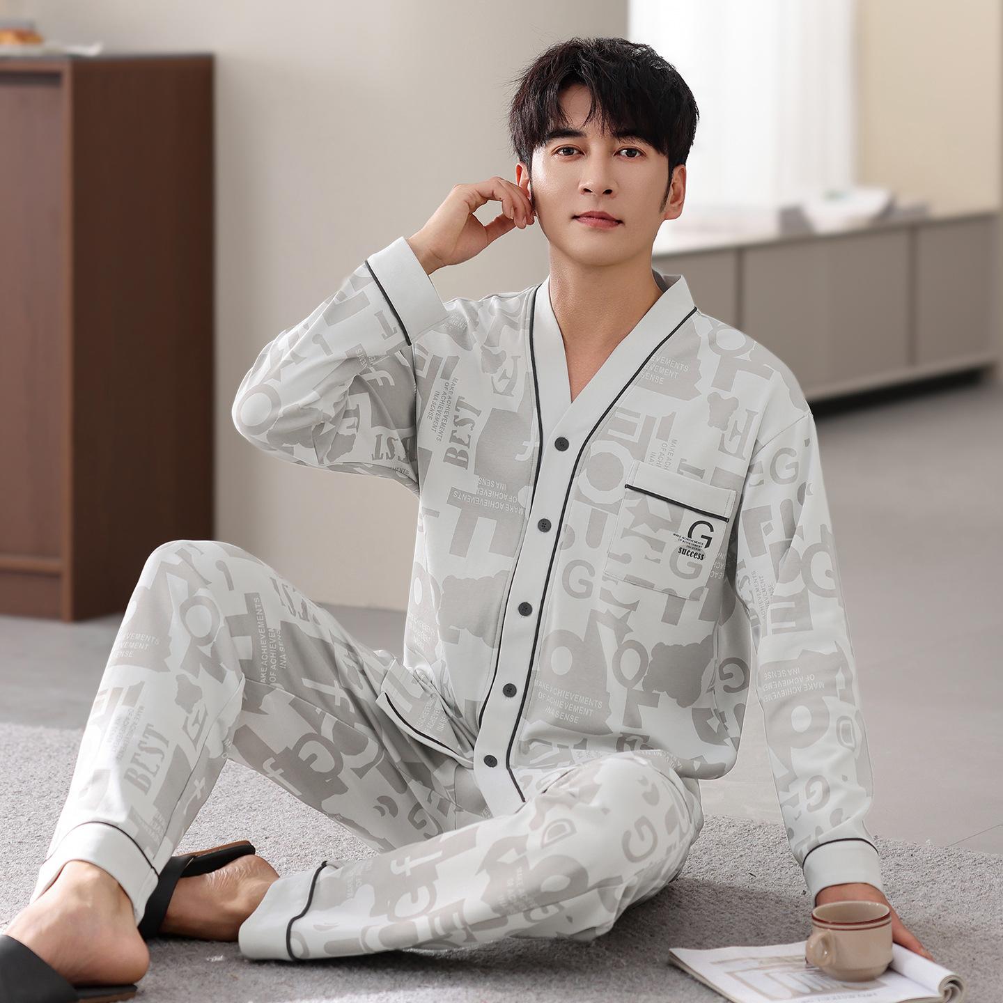 

Пижама мужская из чистого хлопка, весенне-осенняя, с длинным рукавом, в полоску, мужской хлопковый костюм для отдыха, можно носить на улице L