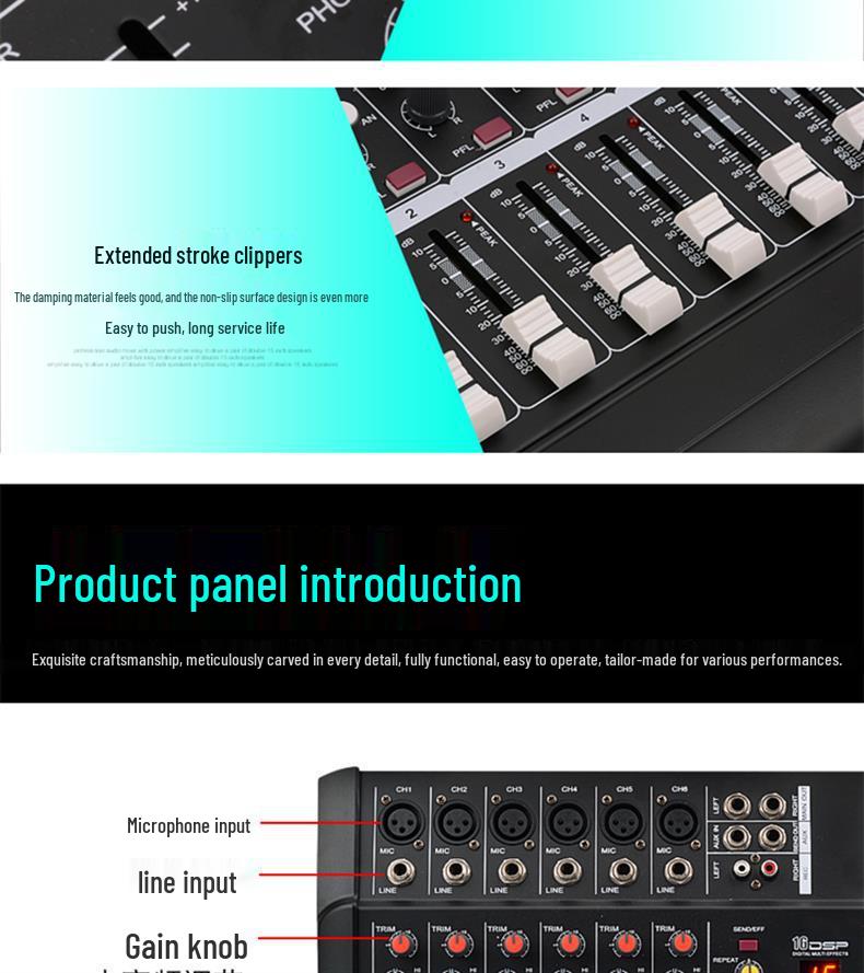 All-in-One 4/6 Channel Professional Mixer Amplifier with High Power, Reverb, and Equalizer for Stage and Wedding Performances