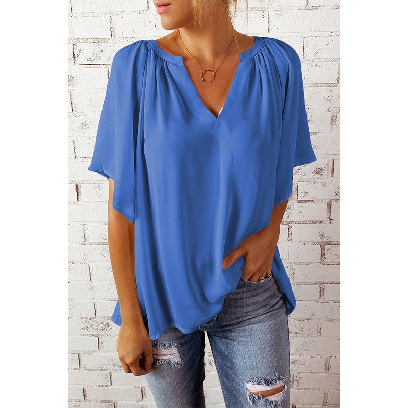 

Loose V-neck Casual Loose T-shirt Fashion Loose Pleated V-neck Casual Loose-Fitting T-shirt Loose T-shirt Blue XXL