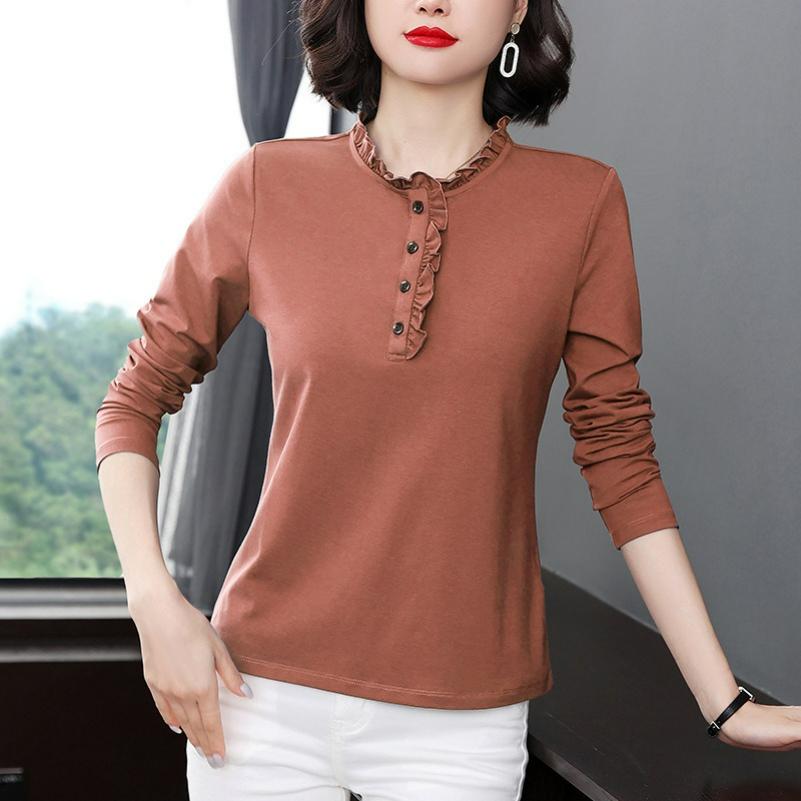 

Long-sleeved Blouse Spring and Autumn T-shirt Women s Fungus Collar Mother Loose Large Size Stand-up Collar Western Style Bottoming Shirt 5XL красный