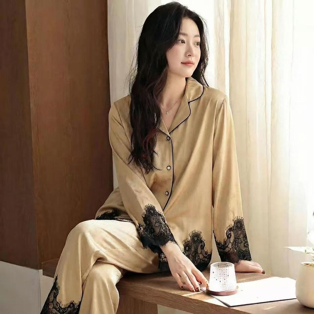 Women's French Luxury Ice Silk Lace Pajamas Set - Long Sleeve & Pants