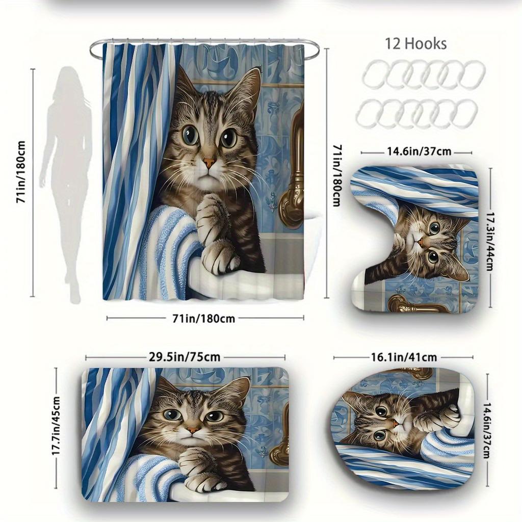 1/4 buc. Set Perdea de Duș Impermeabilă cu Model Pisică Drăguță de Lux Set Decorativ pentru Baie Covor Antiderapant Husă pentru Toaletă Covoraș de Baie și 12 Cârlige