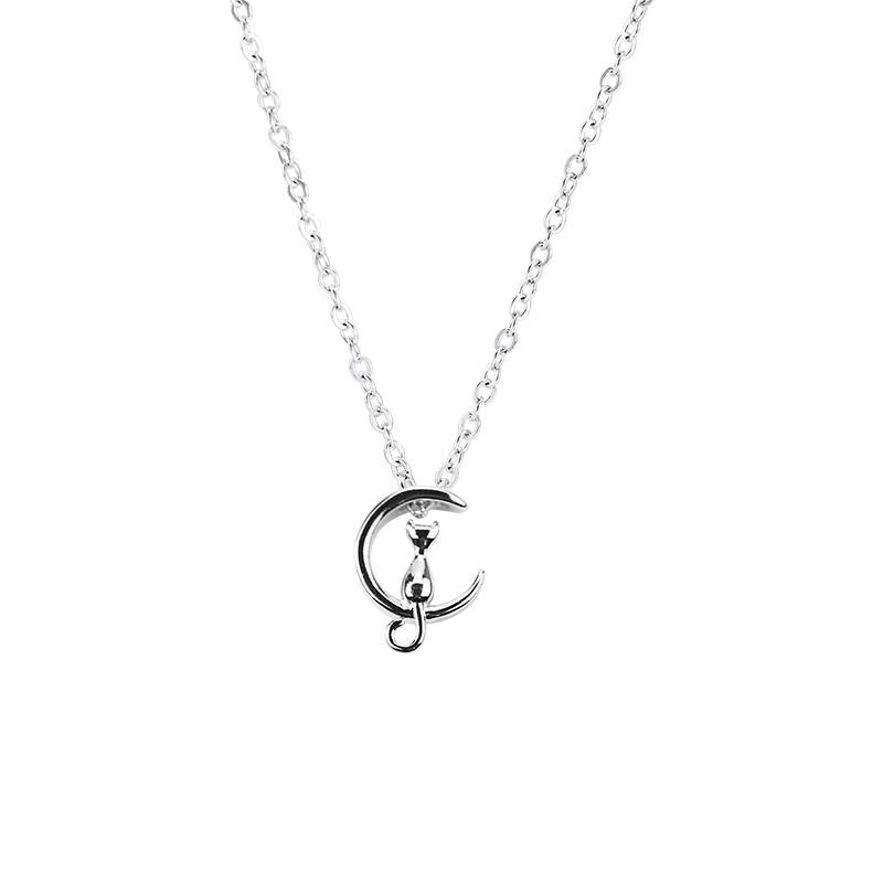 Sweet Moon Kitten Silver Necklace - Short Chain for Women, Korean Fashion Jewelry