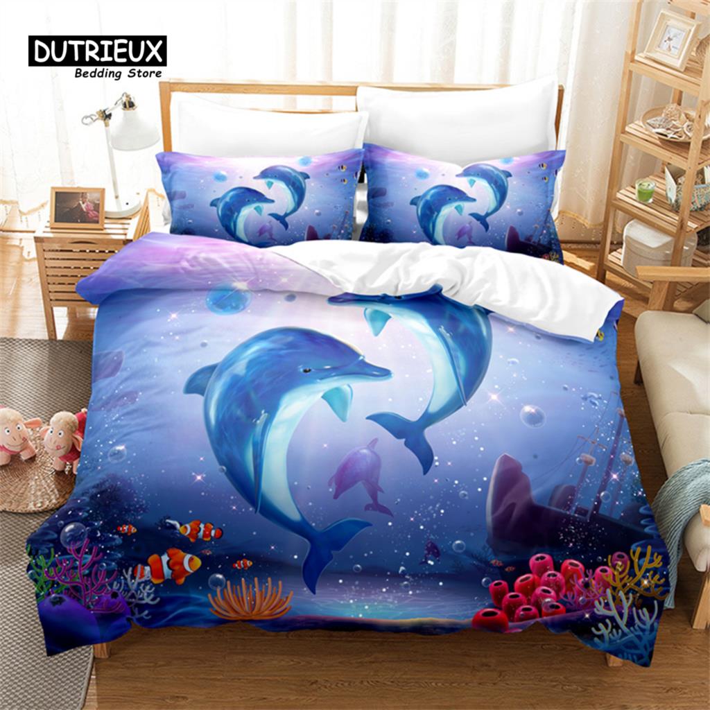 Bettwäsche-Set mit Blauem Delfin-Design, Modisches Bettwäsche-Set, Weicher, bequemer, atmungsaktiver Bettbezug, Für Schlafzimmer-Gästezimmer-Dekor