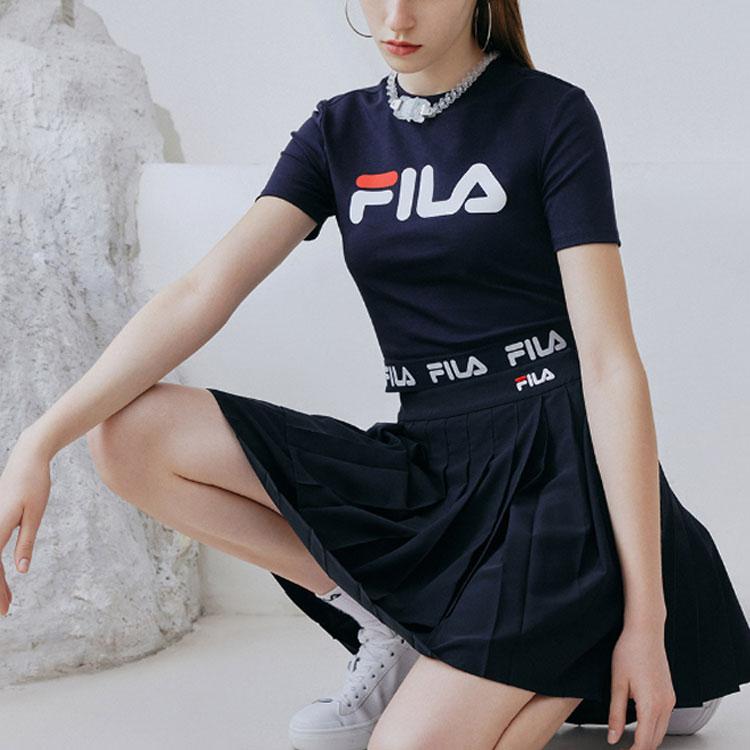 FILA Logo Print Sports Round Neck Short Sleeve T-Shirt Women Tops Legend-Blue F11W138105FNV