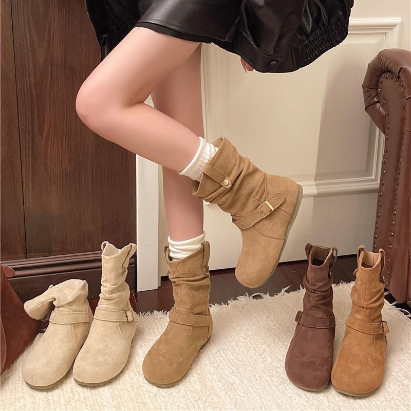 Retro stacking boots women's 2025 autumn and winter new Korean fashion round head Martin short boots matte flat bottom short boots