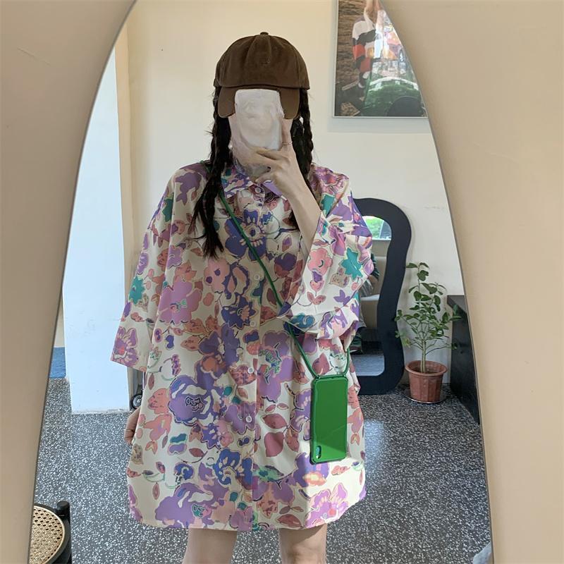 Color Blocking Printed Women's Shirt Summer Loose Casual Lady Short Sleeved American Short Sleeved Sunscreen Top