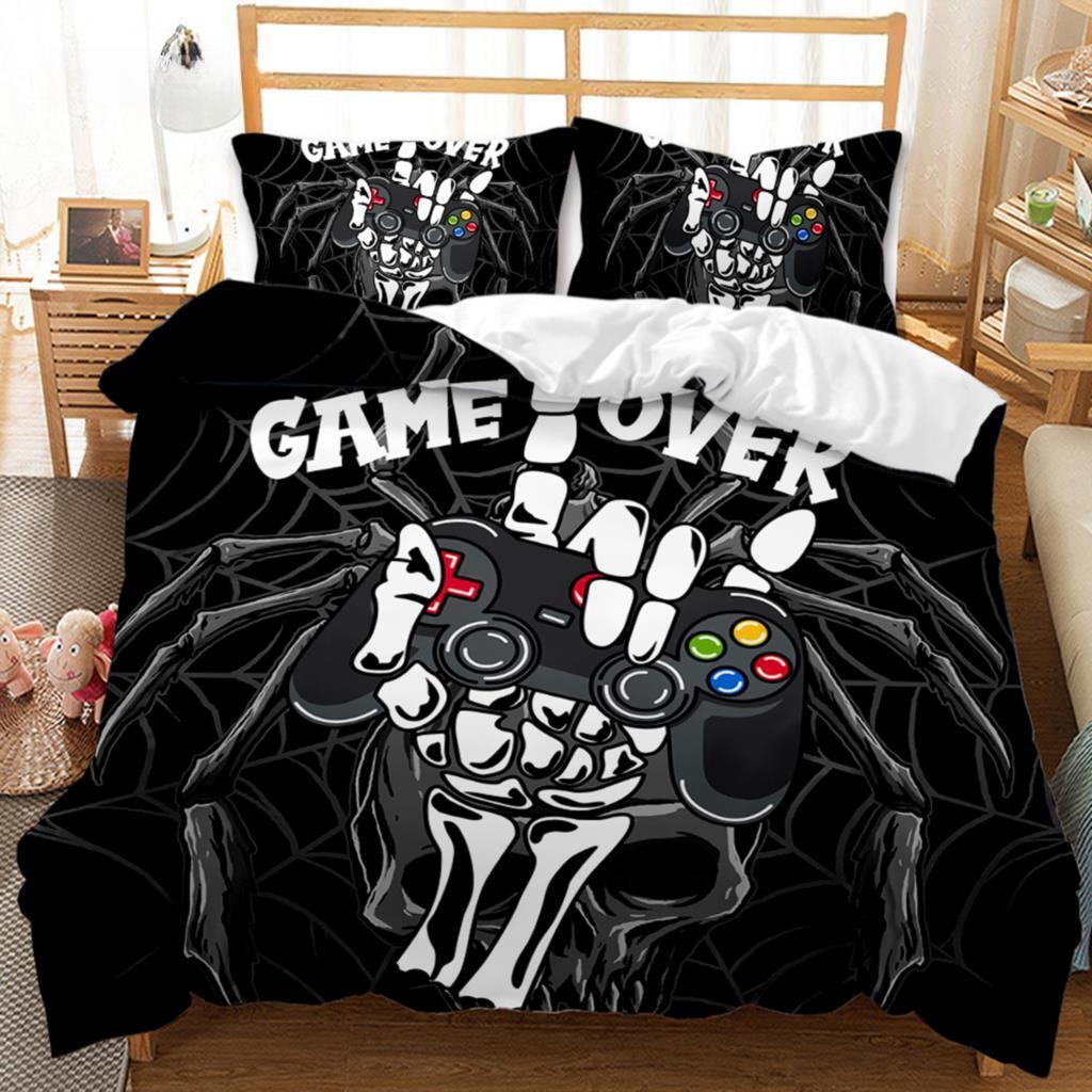 Conjunto de capa de edredom para jogos, caveira de açúcar, roupa de cama para jogadores, teia de aranha, capa de edredom de poliéster para Halloween, infantil, esqueleto de mão juvenil, controle de jogo
