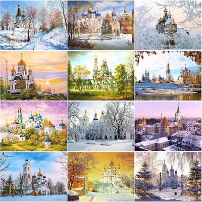 Noua pictură cu diamante 5D bricolaj castel, scenă de zăpadă, broderie cu diamant, peisaj, punct de cruce, burghiu rotund complet, cadou pentru decorarea casei