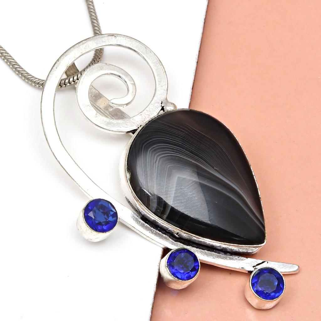 Gray Botswana Agate Tanzite  Mother's Day Silver Jewelry Pendant  2.25"