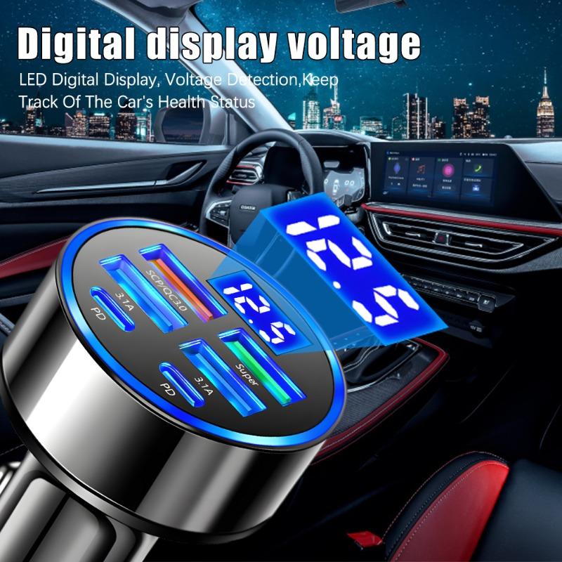 Nabíječka do auta s digitálním displejem 6v1 Podpora 4USB+2PD Super rychlé nabíjení DC12-24V Multiportová nabíječka pro mobilní telefon s digitálním displejem