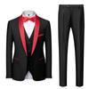 Men's Three-Piece Suit: Green Collar, Wine Red - Slim Fit for Groom or Best Man.