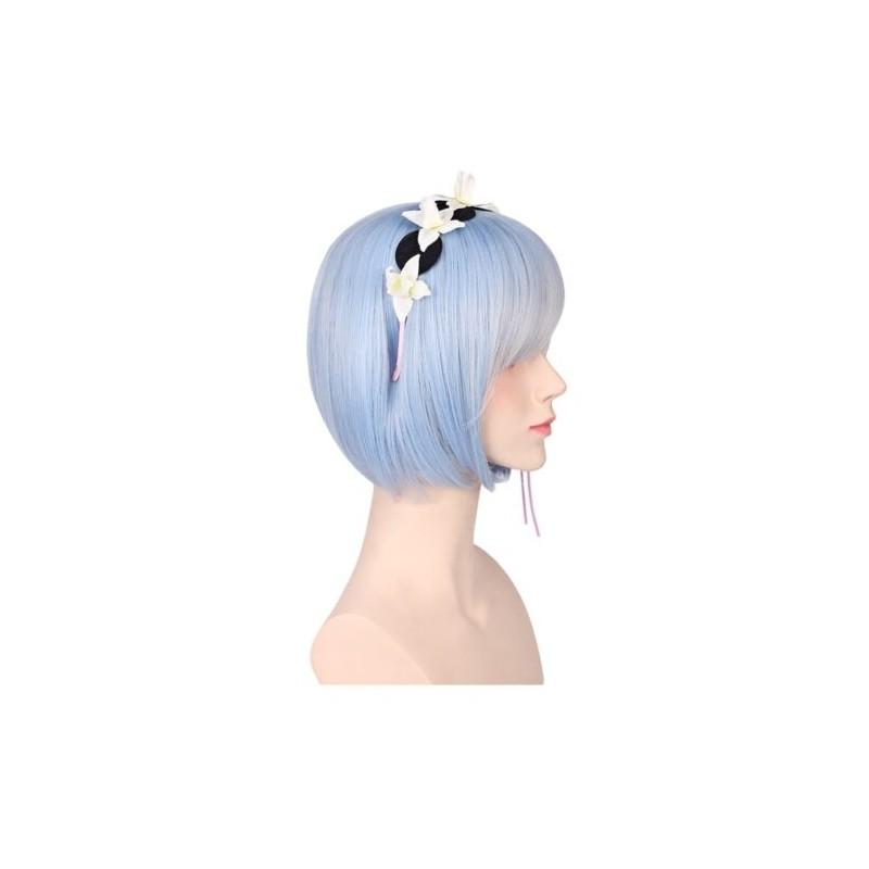 Premium Women Short Ram Rem Cosplay Wig With Stylish Adornment And Heat Resistant Synthetic Bob Hair