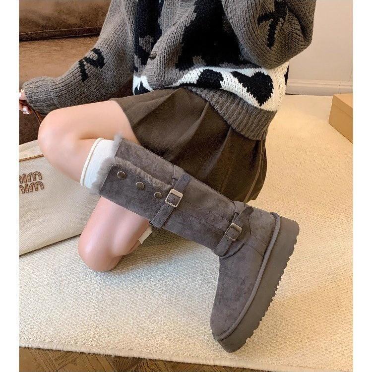 Gray Snow Boots Women's Winter Velvet Thickened Fur Integrated Thick Sole Heightening Long and Short Boots Snow Cotton Shoes