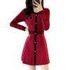 PHOLEEY Red Knit Dress with Black Lines and Long Elegant Women's Buttons, Sleeves,