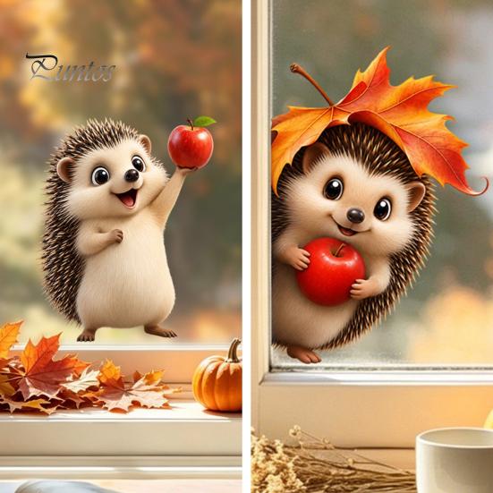 Transparente Fensterfolie Herbst Statische Aufkleber, Herbst Igel Ahornblatt Glasaufkleber, Wiederverwendbare Dekorationen PVC Aufkleber für Zuhause, Geschäft Schaufenster