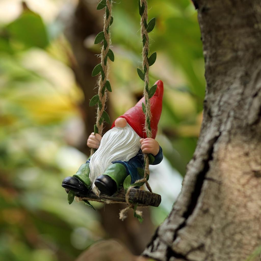 Garden Gnome on Swing Statue Decoration Figurine Ornament for Indoor Outdoor Home Patio Yard Lawn Figurines Miniatures
