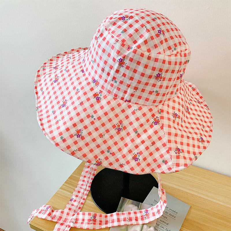 

Sweet Korean Plaid Bucket Hat for Women Summer Wide Brim Sunscreen Floral Lace-Up Fisherman Cap Girls Travel Outdoor Hat One Size розовый