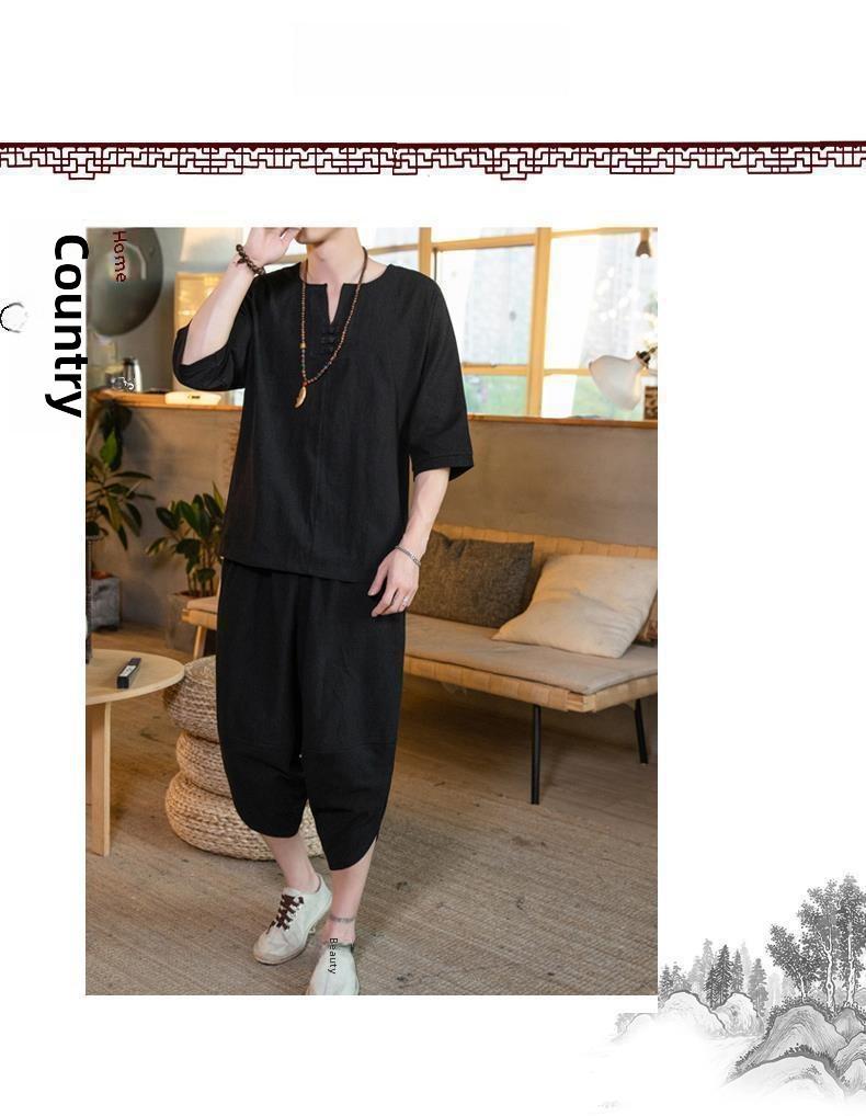 Men's Retro Chinese-Style Cotton & Linen Buttoned Three-Quarter Sleeve T-Shirt and Shorts Set