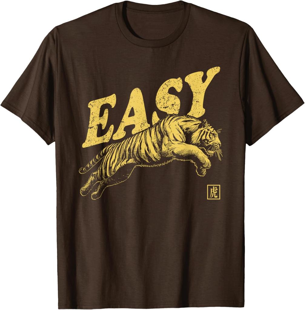 Easy Tiger Graphic Print Men Casual Cotton TShirt Retro Distressed Style Tee
