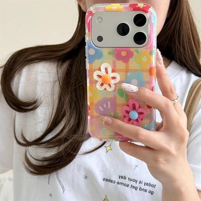 Colorful Plaid 3D Flower Case for iPhone 17, 16 Pro Max, and 15 Pro