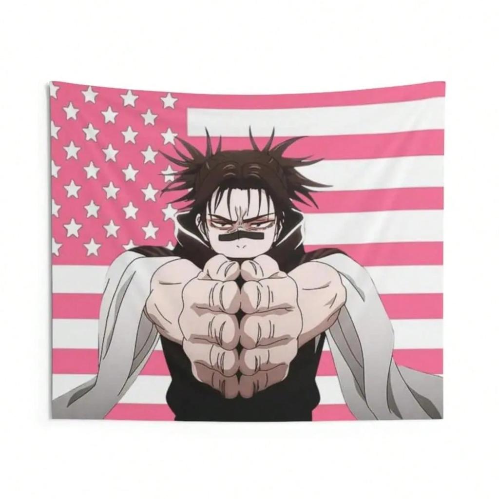 Jujutsu Kaisen Choso Tapestry Anime Wall Hanging with Pink American Flag Background for Manga Fans Bedroom Styling