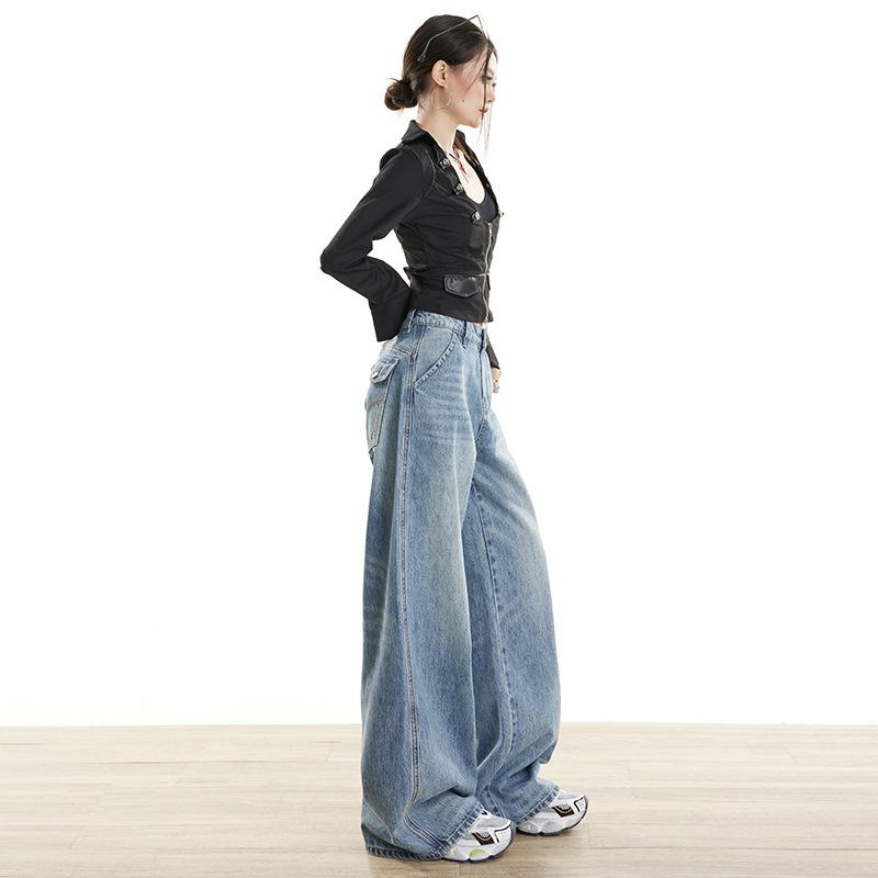 Women's Retro Wide-Leg Jeans: American Design, HK Style, Loose Straight-Leg, Floor-Length