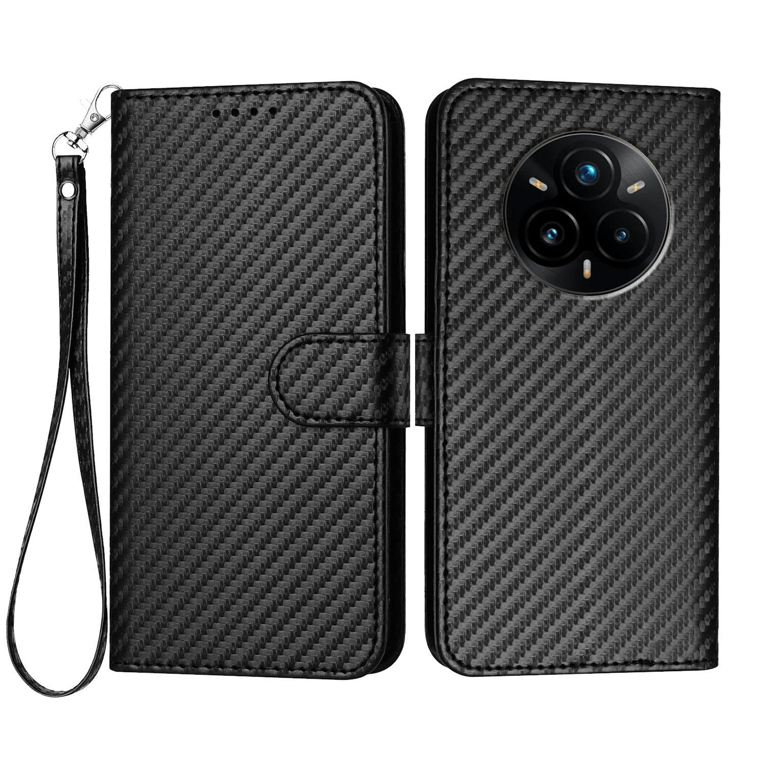 

For Realme 14 Pro+ 5G Wallet Case with Strap Carbon Fiber Texture Leather Mobile Cover Black