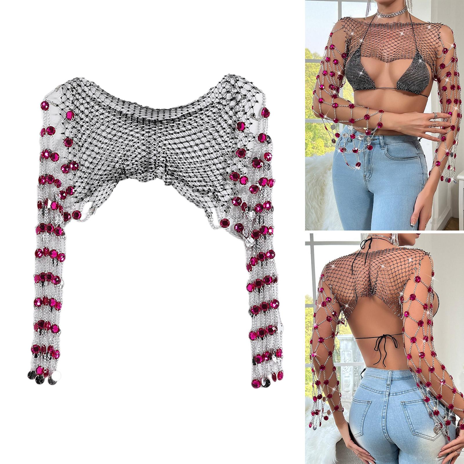 

Женский сверкающий сетчатый топ со стразами, болеро с длинными рукавами и цепочкой из кристаллов, сексуальная ажурная прозрачная рубашка-накидка