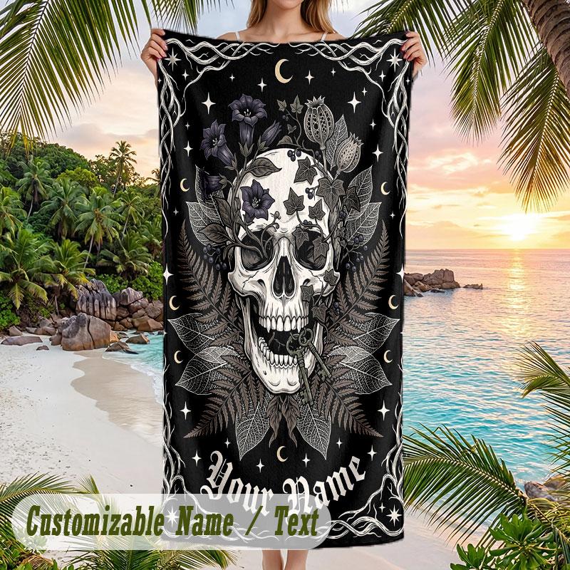 Skull Floral Fantasy Theme Quick Dry Beach Towel Custom Name Text Print Large Sand Resistant Towel Beach Vacation