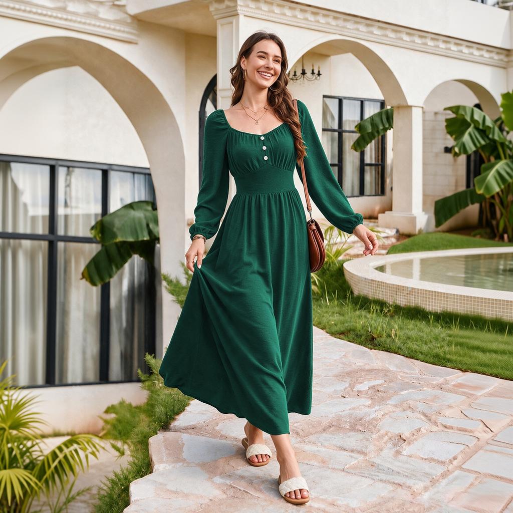 Damen-Quadratkragen-Kleid mit geraffter Taille und langen Ärmeln