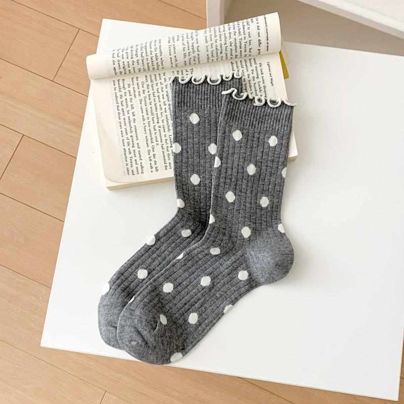 Female Spring and Summer Thin New Wave Dot All Kinds of Wooden Ear Side Mesh Cotton Tube Pile Socks