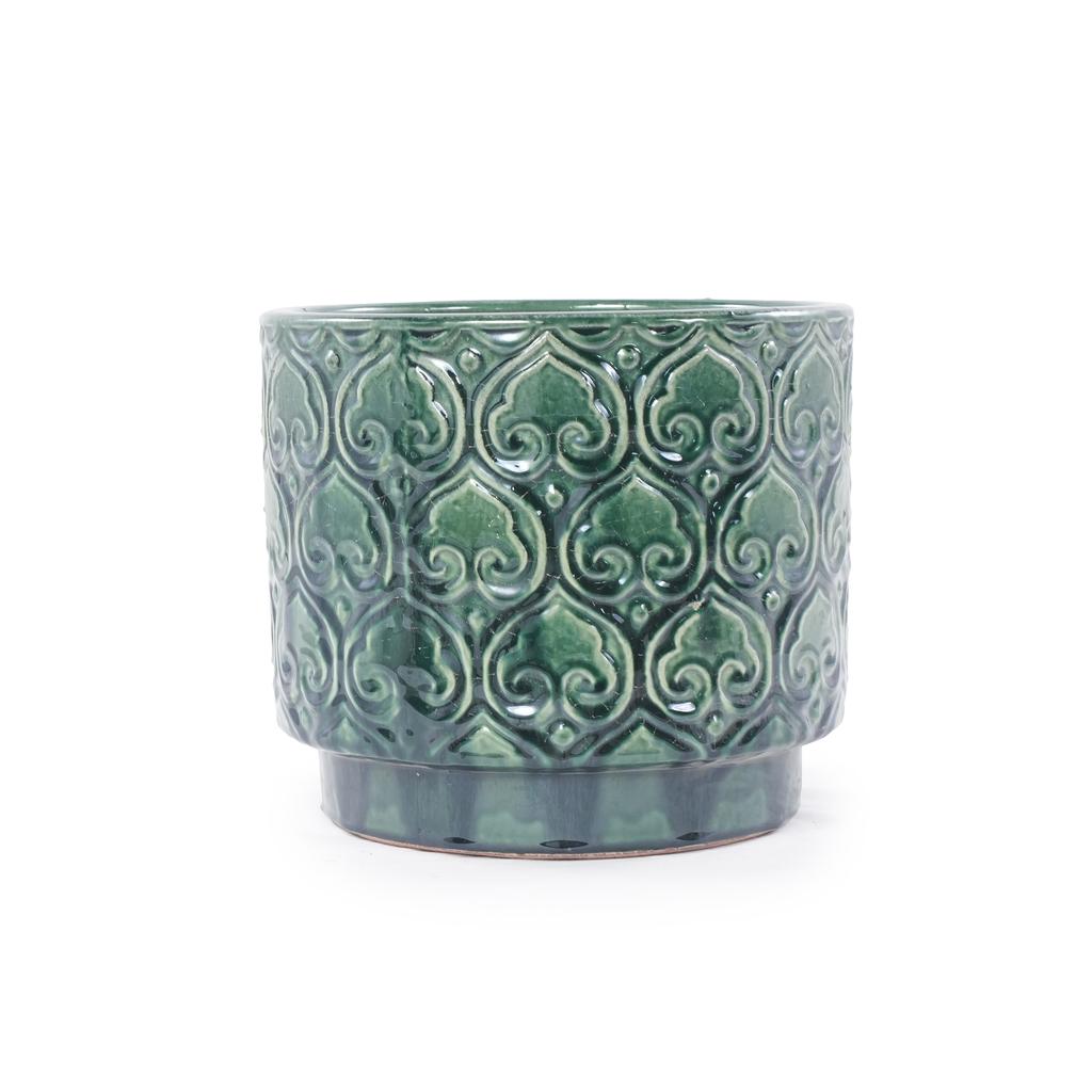 Mini Small Ceramic Plant Pot Ø19 cm, Glossy Rich Green Heart-Ornament Relief, Breathable Drainage Hole for Mini Succulents and Desktop Herbs