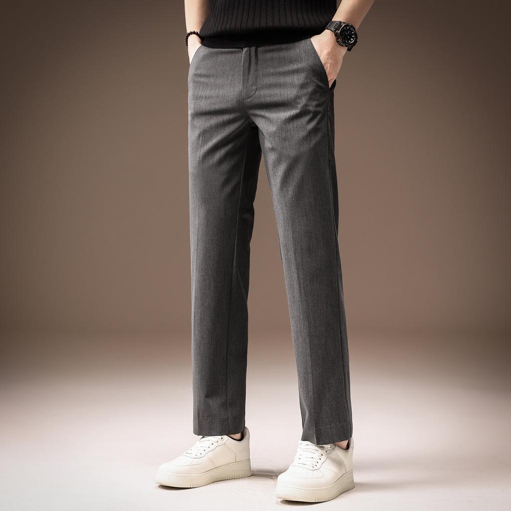 High-end French business ice silk cool slim-fitting pants men's summer thin drape straight casual nine-point pants