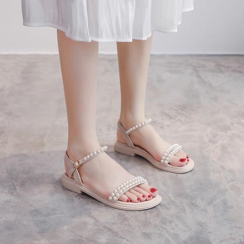 Woman Shoes Pearl Open Toe Flat Rubber Sandals for Women Sandal Wholesale Luxury 2025 Summer Offers Comfortable and Elegant Chic