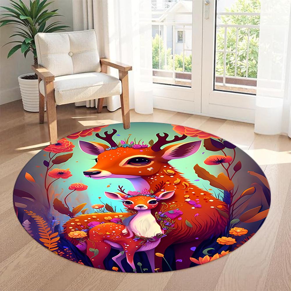 Elk Round Floor Mat Design for Dining Room Entryway Bedrooms Game Room Anti-slip Round Rug Decorate Offices Perfect Gift for Friends Family